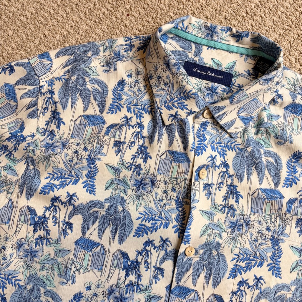 Tommy Bahama Mens XL Silk Tropical Beach Hut Palm Tree Print Button Down Shirt